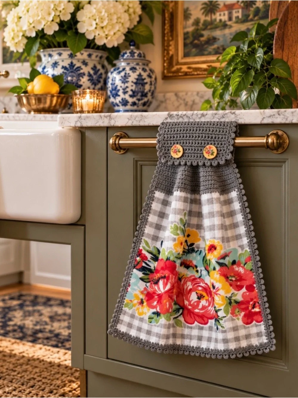 Handmade Crochet Pioneer Woman Hanging Kitchen Towel Gray Gingham Floral